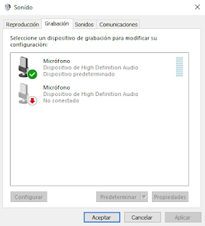 Panel de control de sonido de Windows antes de conectar